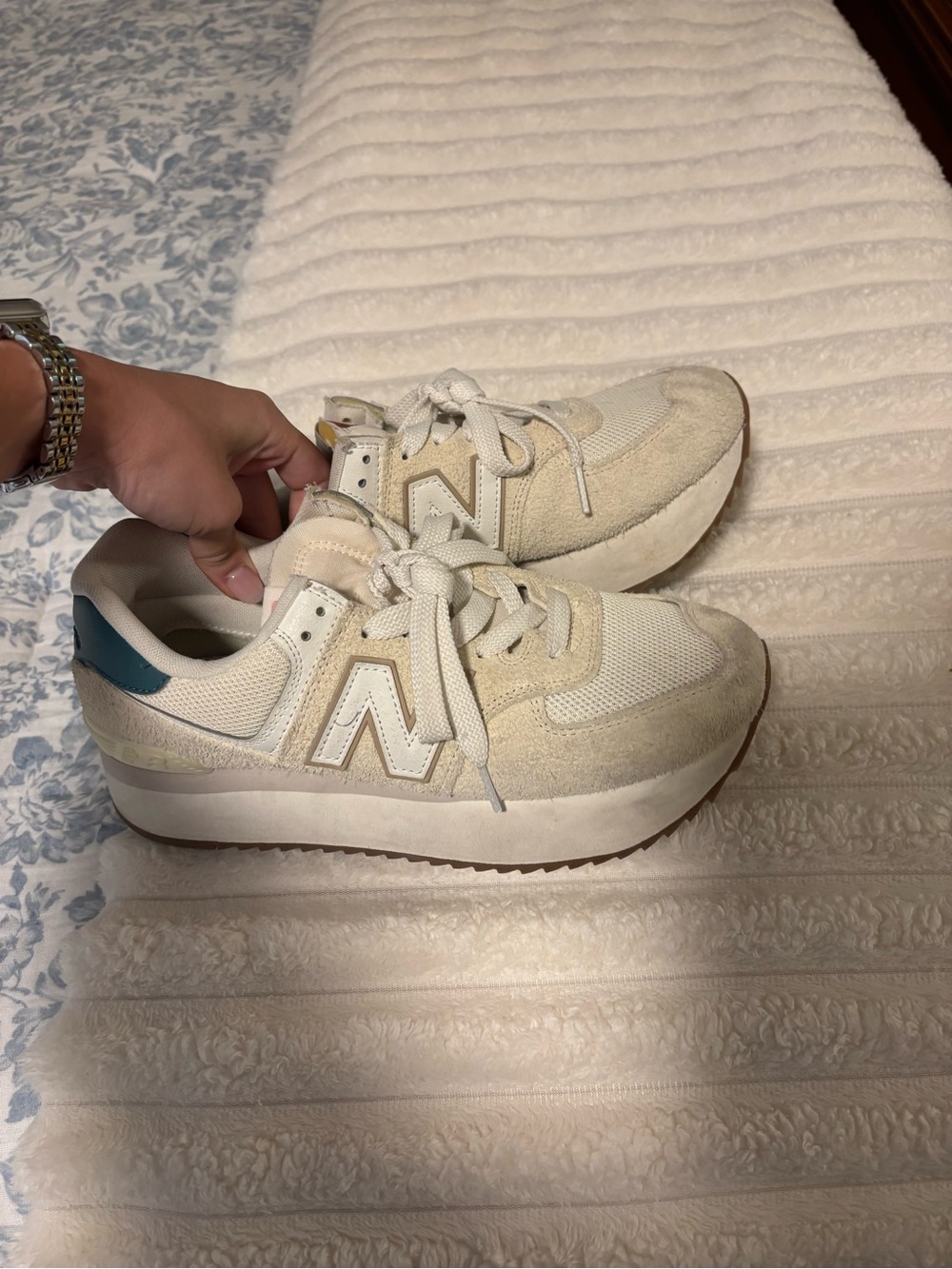 New Balance Cream and Teal Platform Sneakers